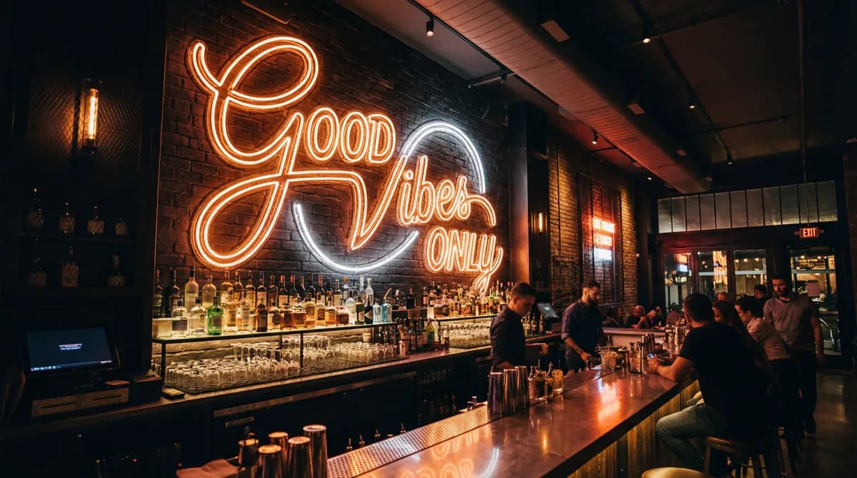 Good Vibes Only neon sign glowing orange on dark brick wall in cocktail bar