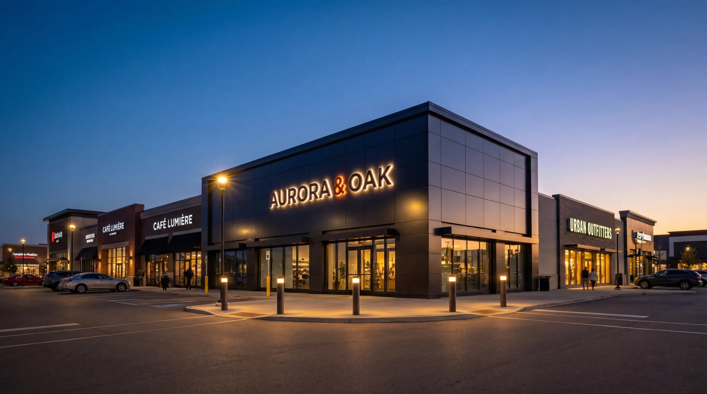 Shopping plaza at dusk with illuminated channel letter signs — Aurora & Oak, Café Lumière