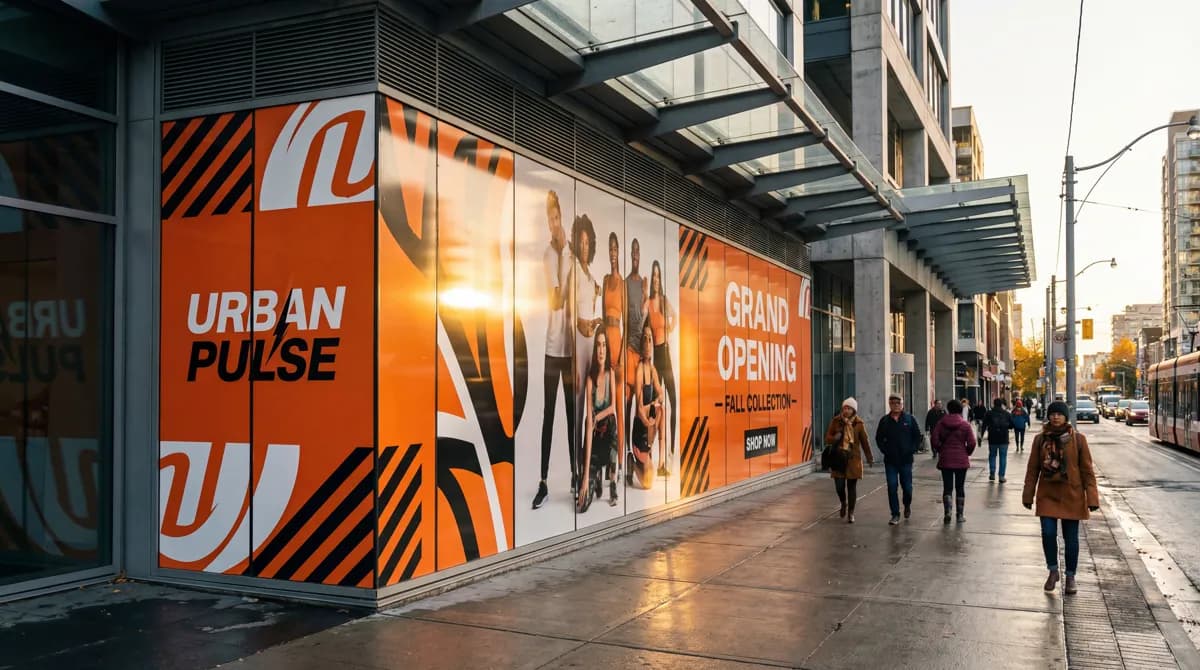 Storefront with bold orange window wrap graphics for grand opening