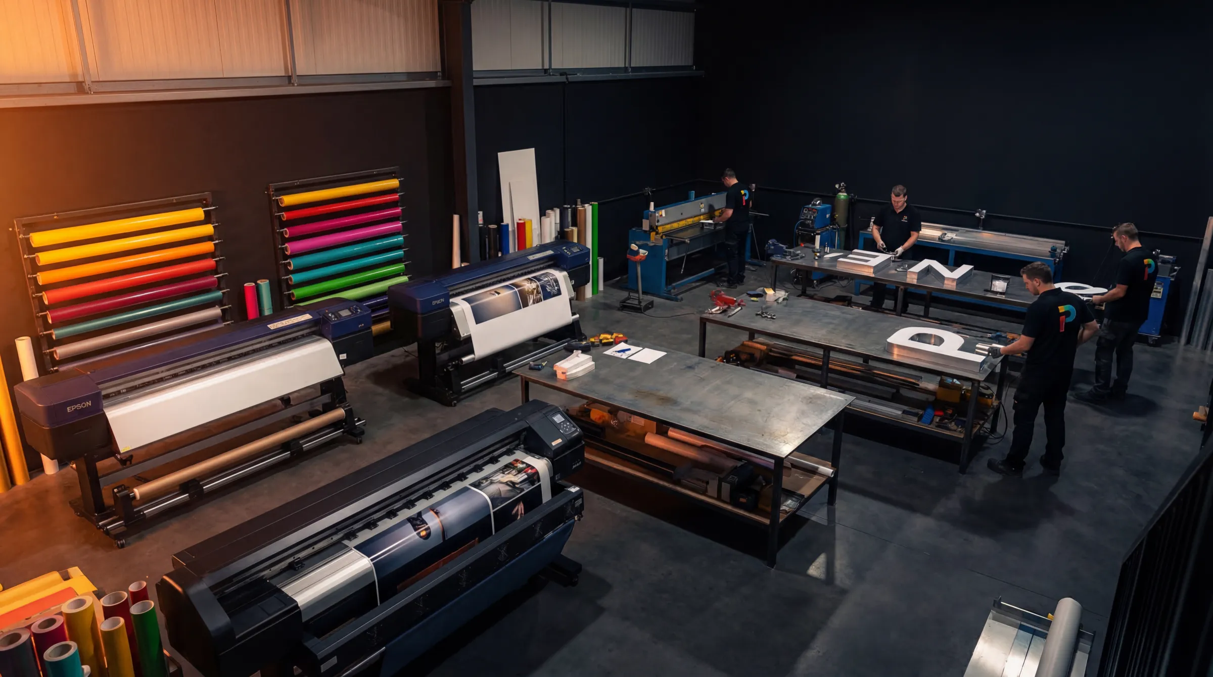 Printec Virginia LLC workshop — wide-format printers, vinyl rolls, and team fabricating channel letters