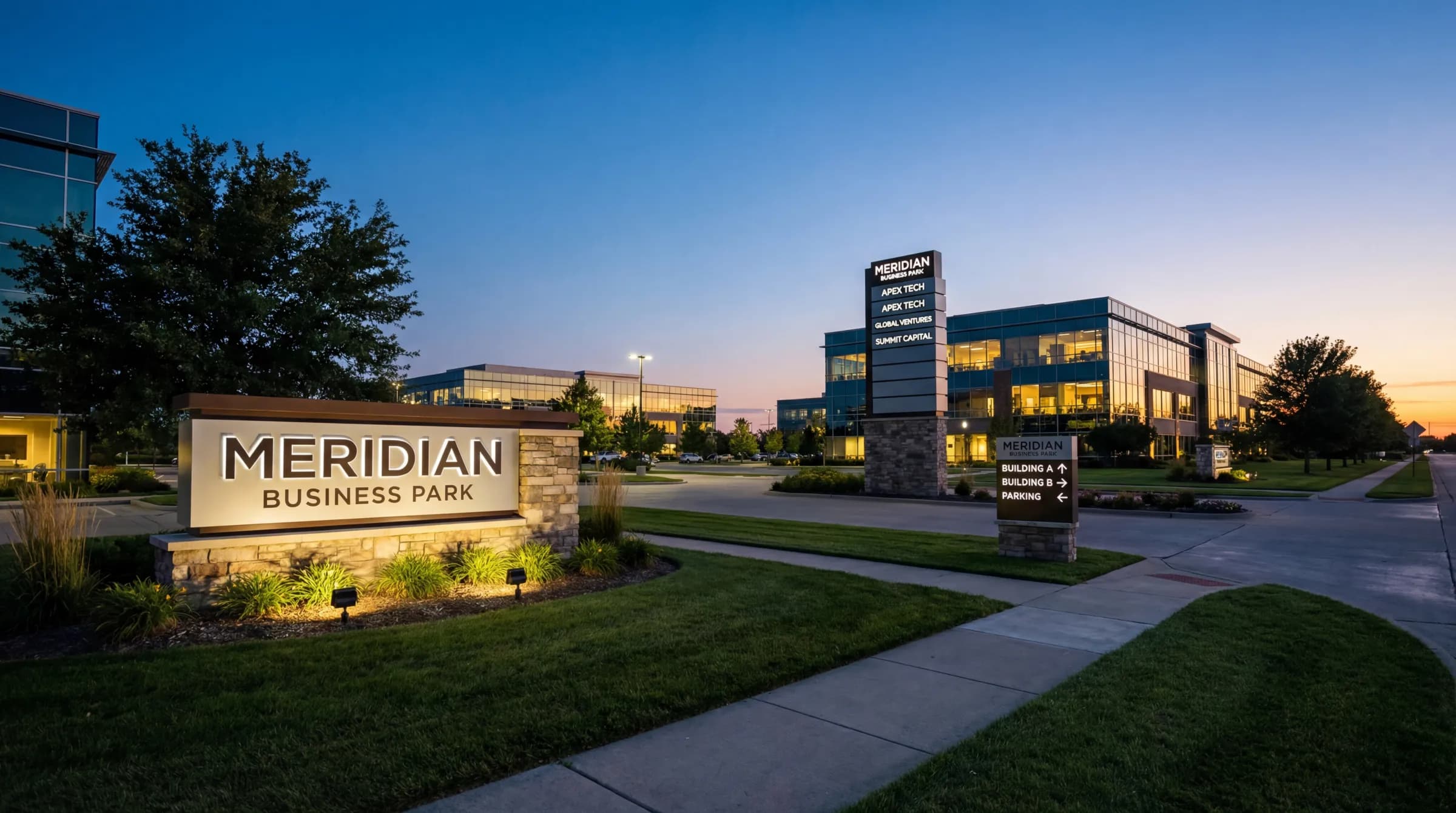 Meridian Business Park monument sign and wayfinding signage at dusk