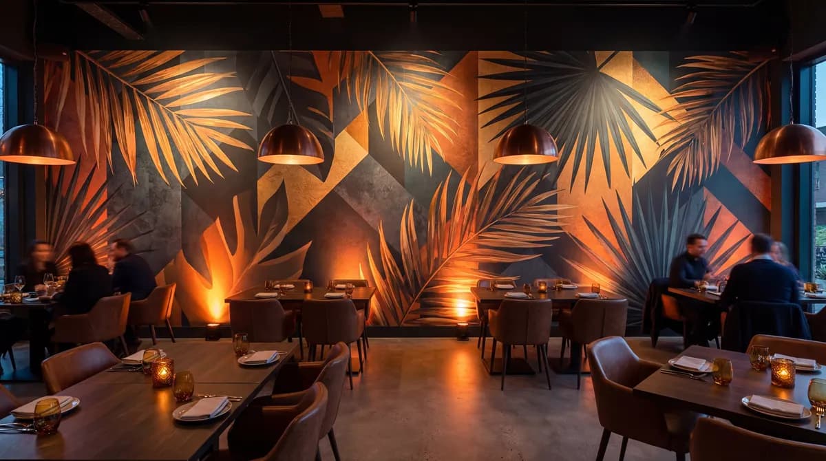 Restaurant with dramatic tropical leaf wall wrap mural in warm orange and dark tones